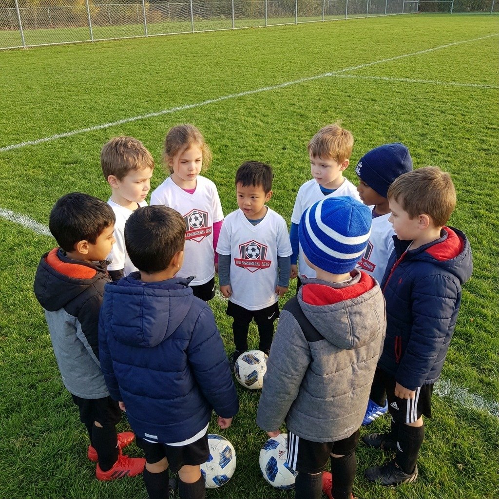 kida playing soccer in winter making stretegy . 