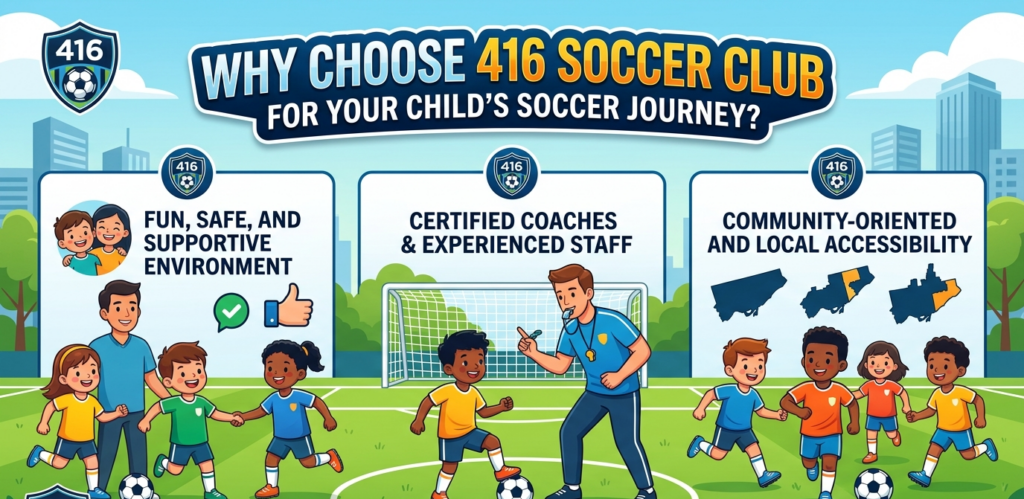 An illustrative banner for 416 Soccer Club's recreational soccer programs for kids, highlighting a safe environment, certified coaches, and community-oriented local accessibility.
