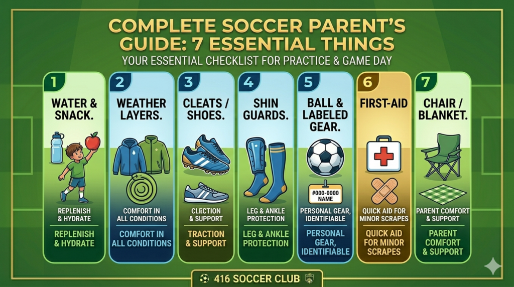 A detailed infographic listing 7 essential things for soccer parents, including water & snacks, weather layers, cleats/shoes, shin guards, a ball & labelled gear, first-aid, and a chair/blanket.