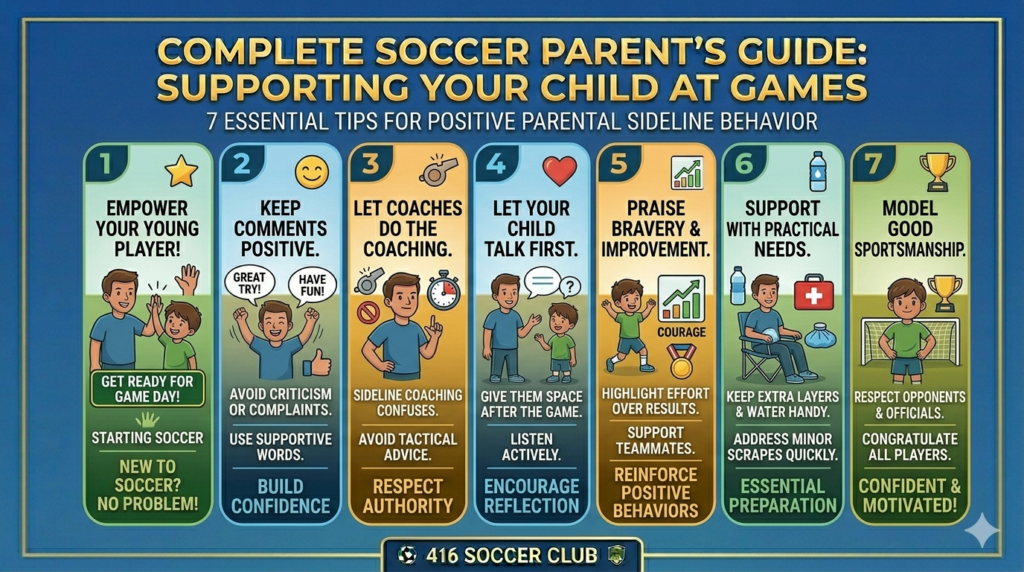 A guide for parents on how to support their child at games, listing 5 essential tips: 1) Empower your young player!, 2) Keep comments positive, 3) Don't coach from the sidelines, 4) Let your child talk first after the game, and 5) Praise bravery, teamwork, and improvement.