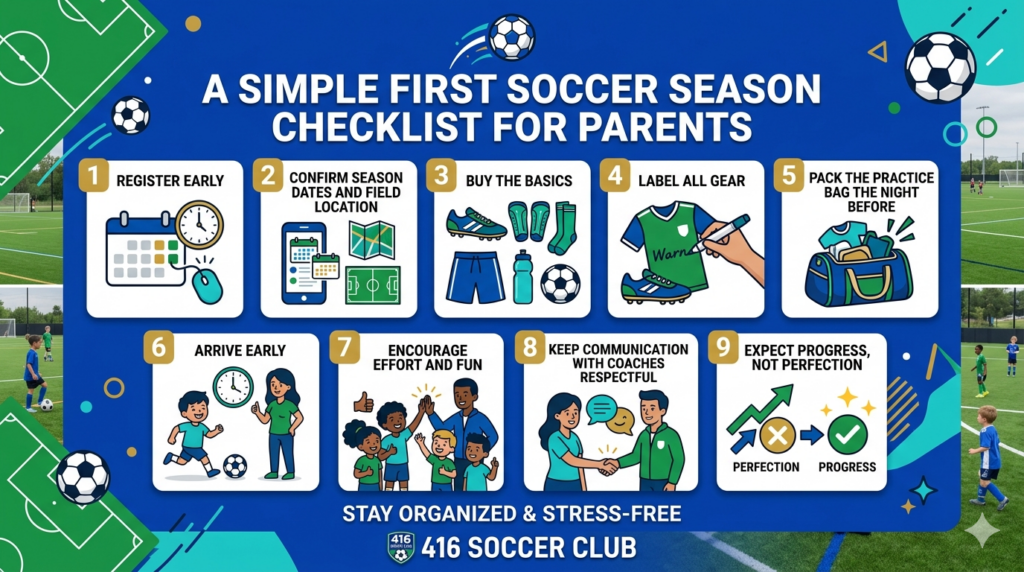 A simple first soccer season checklist for parents showing nine steps including registering early, confirming schedules, buying gear, labeling equipment, packing bags, arriving early, encouraging kids, communicating with coaches, and focusing on progress over perfection.