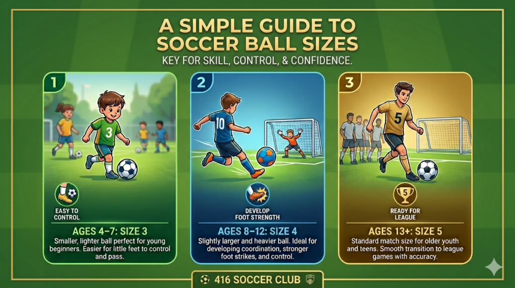 An infographic guiding parents on soccer ball sizes: Size 3 for ages 4-7, Size 4 for ages 8-12, and Size 5 for ages 13+. It illustrates the benefits of each size for skill, control, and confidence.