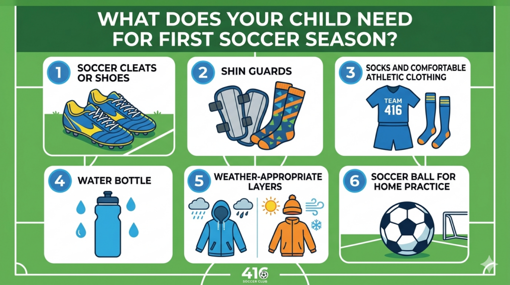 A clean infographic illustration showing the 6 main things a child needs for their first soccer season: 1) Soccer Cleats or Shoes, 2) Shin Guards, 3) Socks and Comfortable Athletic Clothing, 4) Water Bottle, 5) Weather-Appropriate Layers, and 6) Soccer Ball for Home Practice.