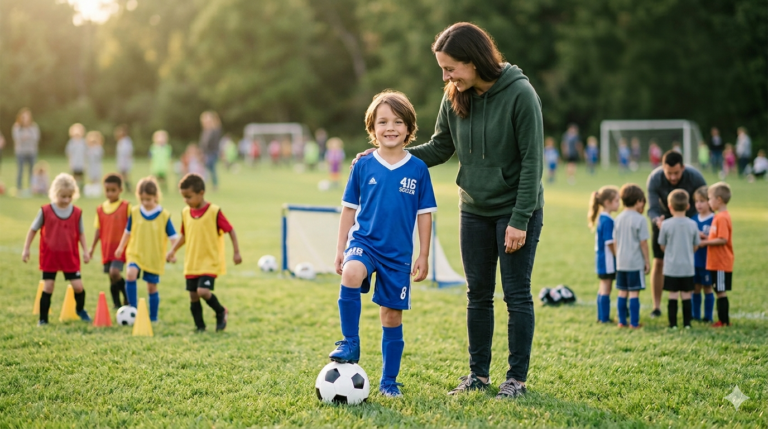 A heartwarming photograph of a smiling young boy in a 416 Soccer Club uniform with his foot on a soccer ball, with his parent in a green hoodie smiling and pointing towards him. Diverse children play in the background.