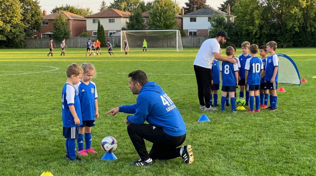 Young soccer players joining a Summer Soccer in Scarborough training session with coaches, cones, mini goals, and age-based groups