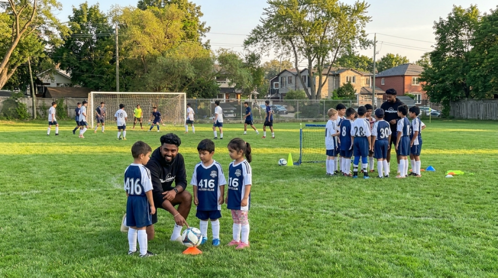 Coach guiding young kids during Summer Soccer in Scarborough with age-appropriate groups and youth players training on a local field