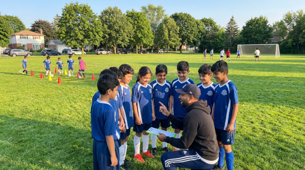 A youth soccer team at practice near East York, with children ages 5–16 in blue jerseys working on ball control drills under the guidance of a coach. Soccer club providing structured training and skills development